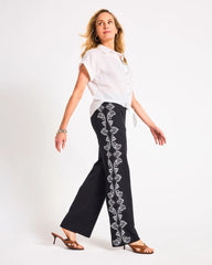 Chico's For Sale Black Embroidered Pull-On Wide-Leg Linen Pants