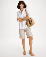 Chico's Outlet Smokey Taupe Poplin Cotton Roll-Tab Shorts