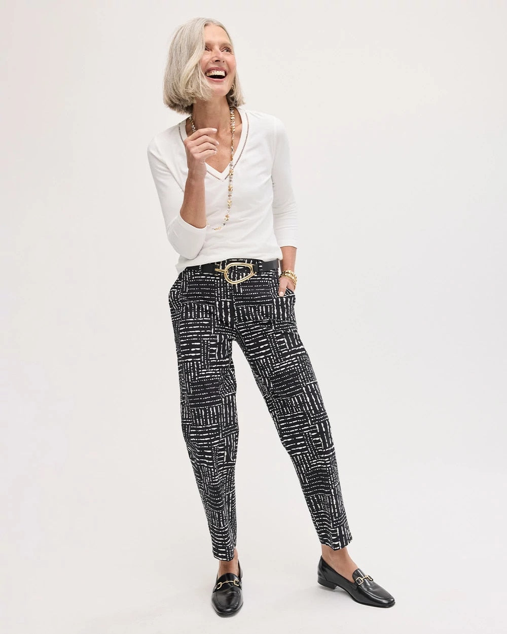 Chico's On Sale Black Emme Fly Front Straight Printed Crop Pants