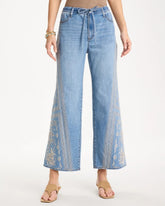 Chico's Discount Indigo Floral Geo Wide-Leg Drawstring Jeans