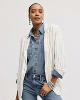 Chico's Sale Ecru Linen-Blend Striped Boyfriend Blazer