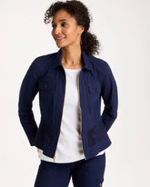 Chico's Discount Passport Blue Poplin Cotton Lace Peplum Jacket