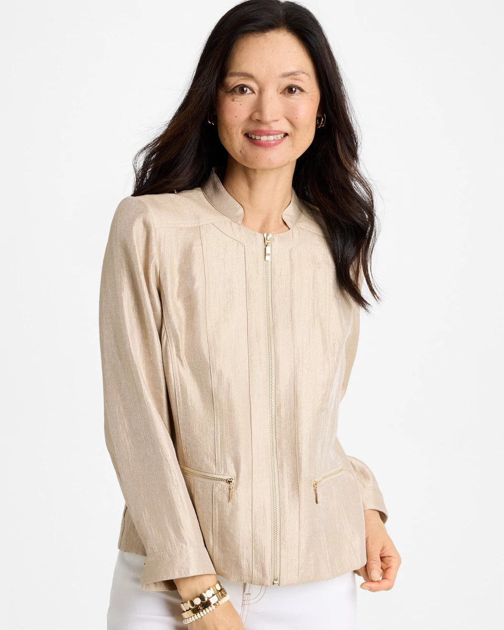 Chico's On Sale Khaki Sheen Stand Collar Jacket