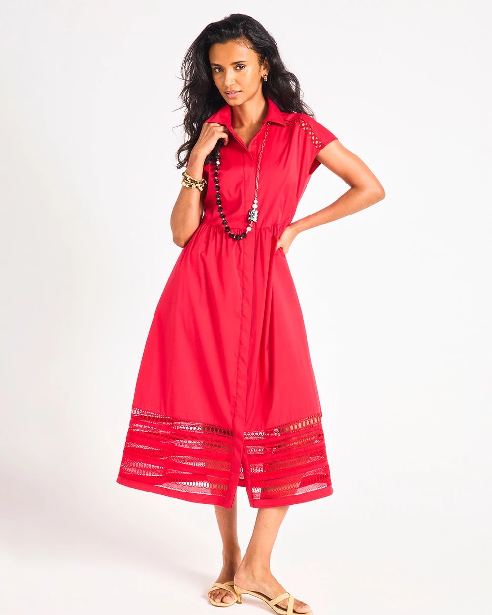 Chico's For Sale Cherry Lush Lace Trim Midi Shirtdress