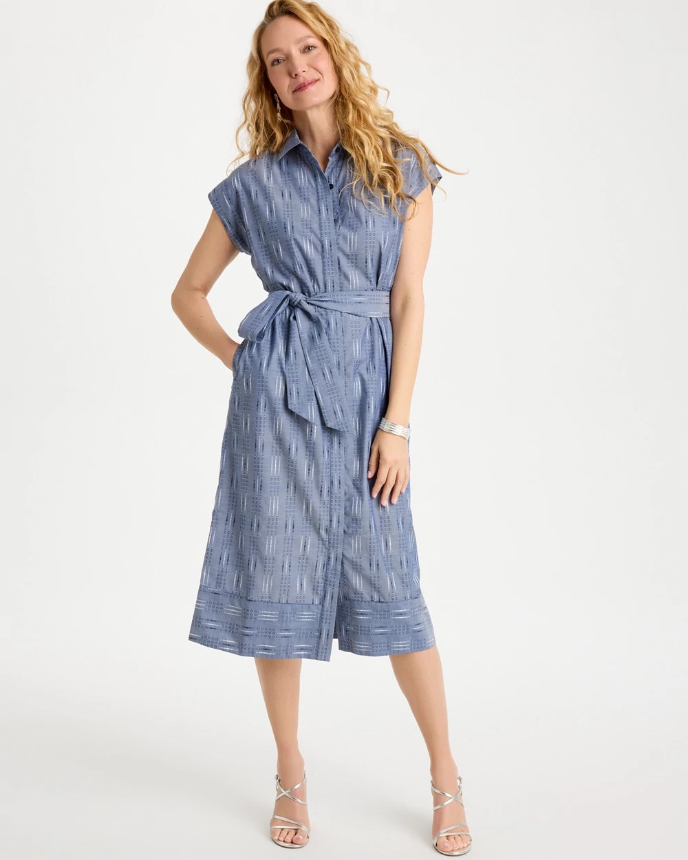 Chico's Sale Blue Clip Jacquard Denim Shirtdress