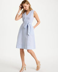 Chico's Discount Light Blue Seersucker V-Neck Sleeveless Dress