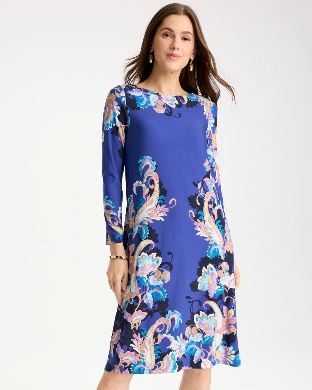 Chico's Discount Amparo Blue Jersey Knit Baroque Shift Dress