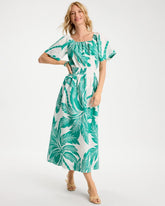 Chico's Online Topanga Green Poplin Cotton Off-Shoulder Printed Dress