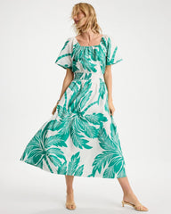 Chico's Online Topanga Green Poplin Cotton Off-Shoulder Printed Dress