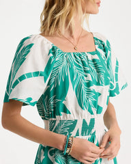 Chico's Online Topanga Green Poplin Cotton Off-Shoulder Printed Dress