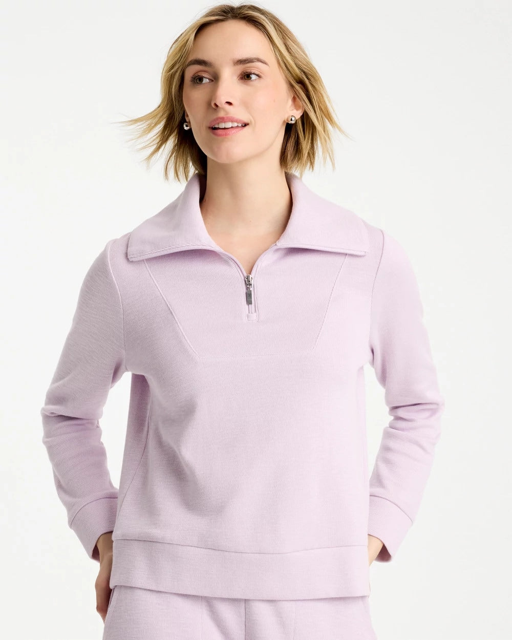 Chico's For Sale Pale Sweet Pea Zenergy® Beach Slub Half-Zip Pullover Top