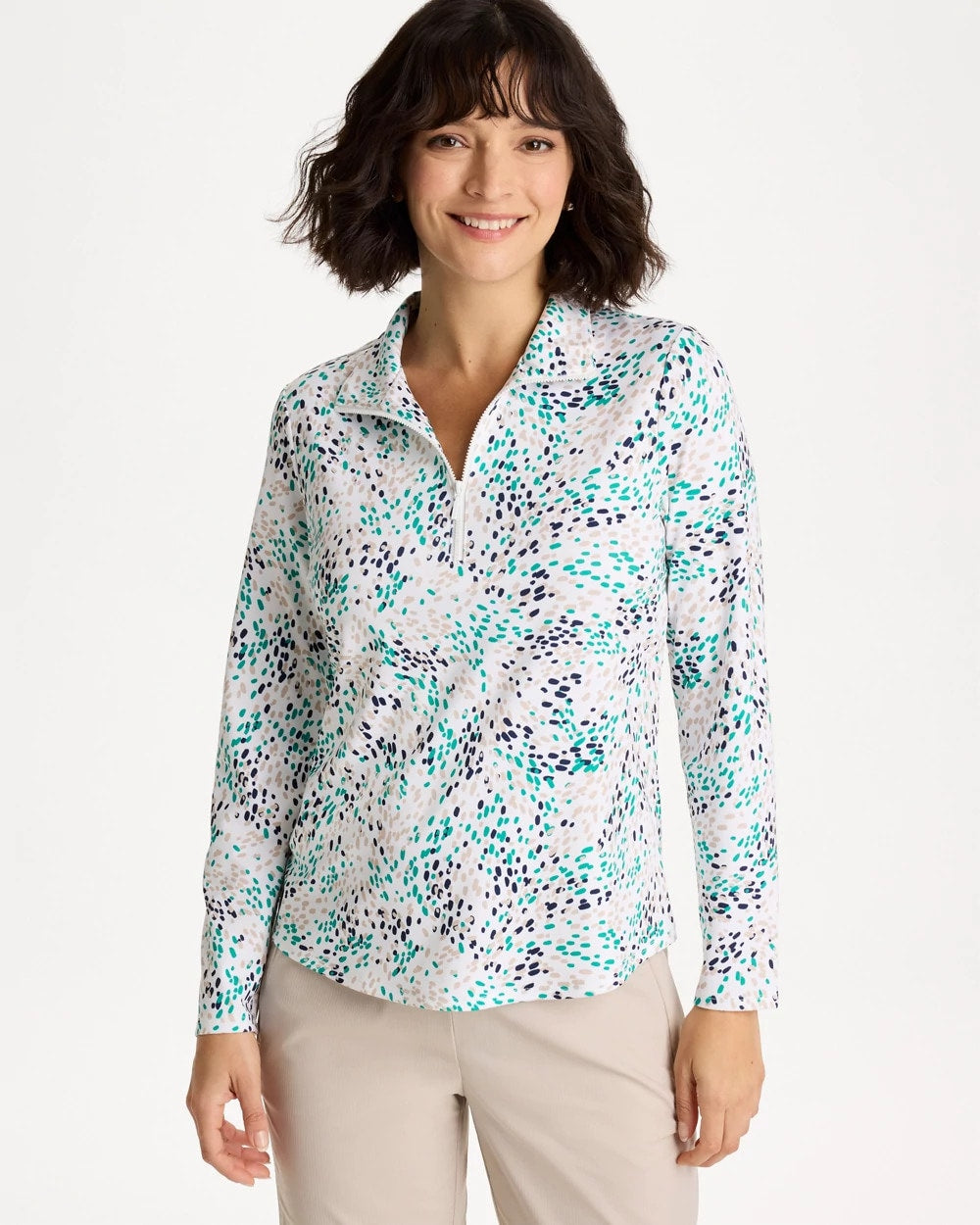 Chico's On Sale Topanga Green Zenergy® UPF Dots Pullover Half Zip Top