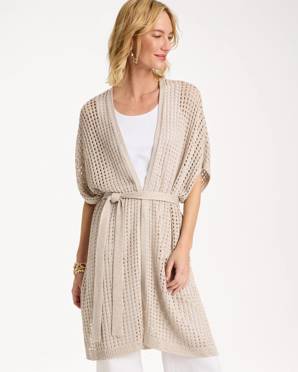 Chico's On Sale Neutral Crochet Knit Belted Ruana