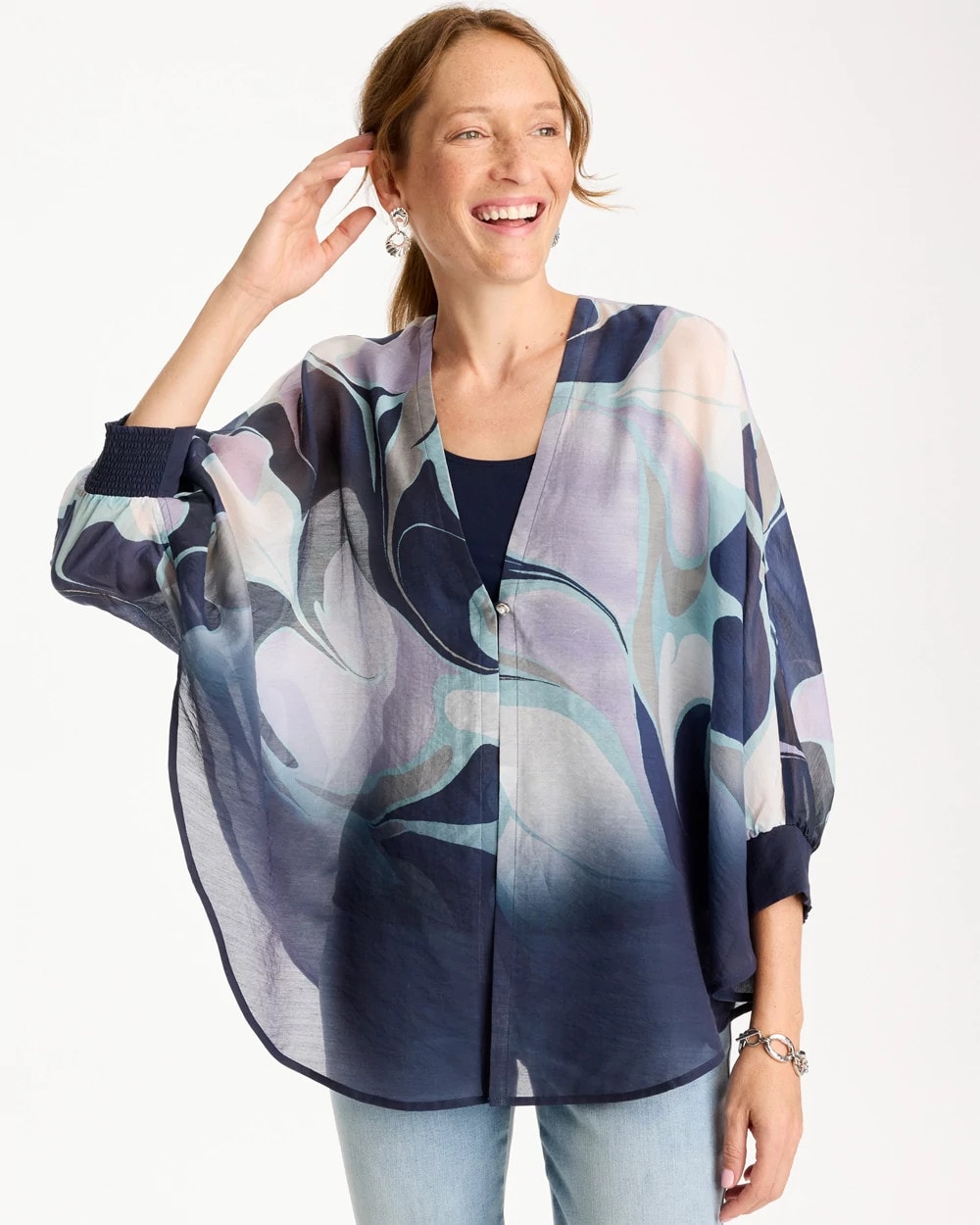 Chico's Outlet Passport Blue Woven Printed Cocoon Ruana