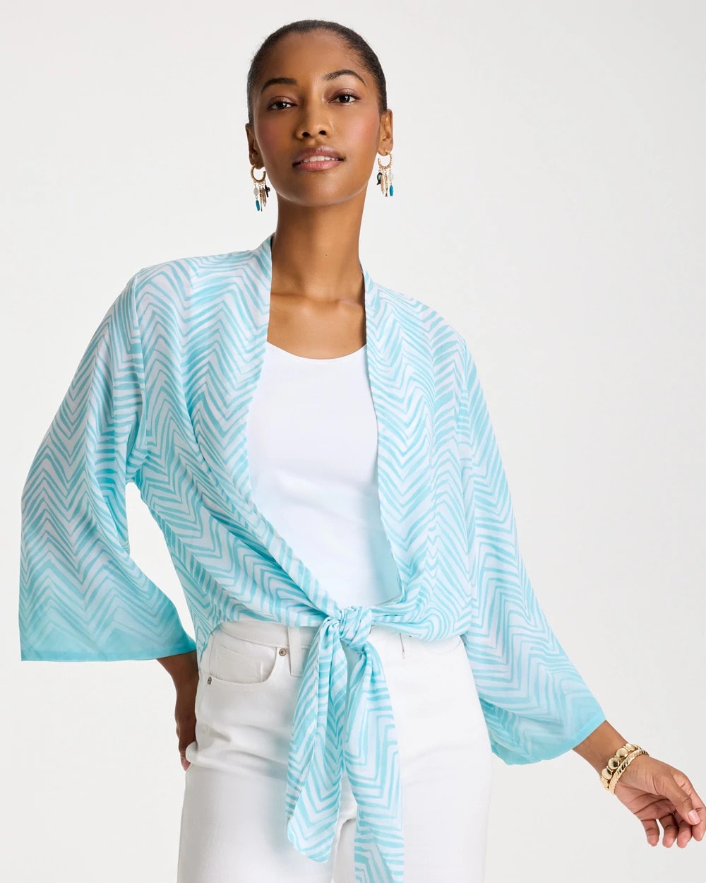 Chico's On Sale Bondi Blue Georgette Tie-Front Chevron Kimono