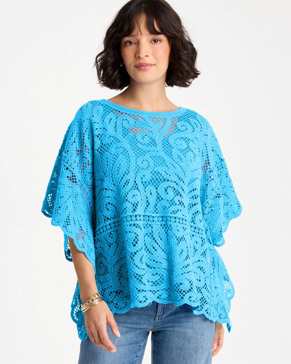 Chico's Outlet Blue Tide Cotton Crochet Lace Poncho