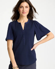 Chico's Discount Passport Blue Rib Knit Woven Flutter Sleeve Tee