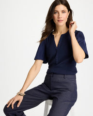 Chico's Discount Passport Blue Rib Knit Woven Flutter Sleeve Tee