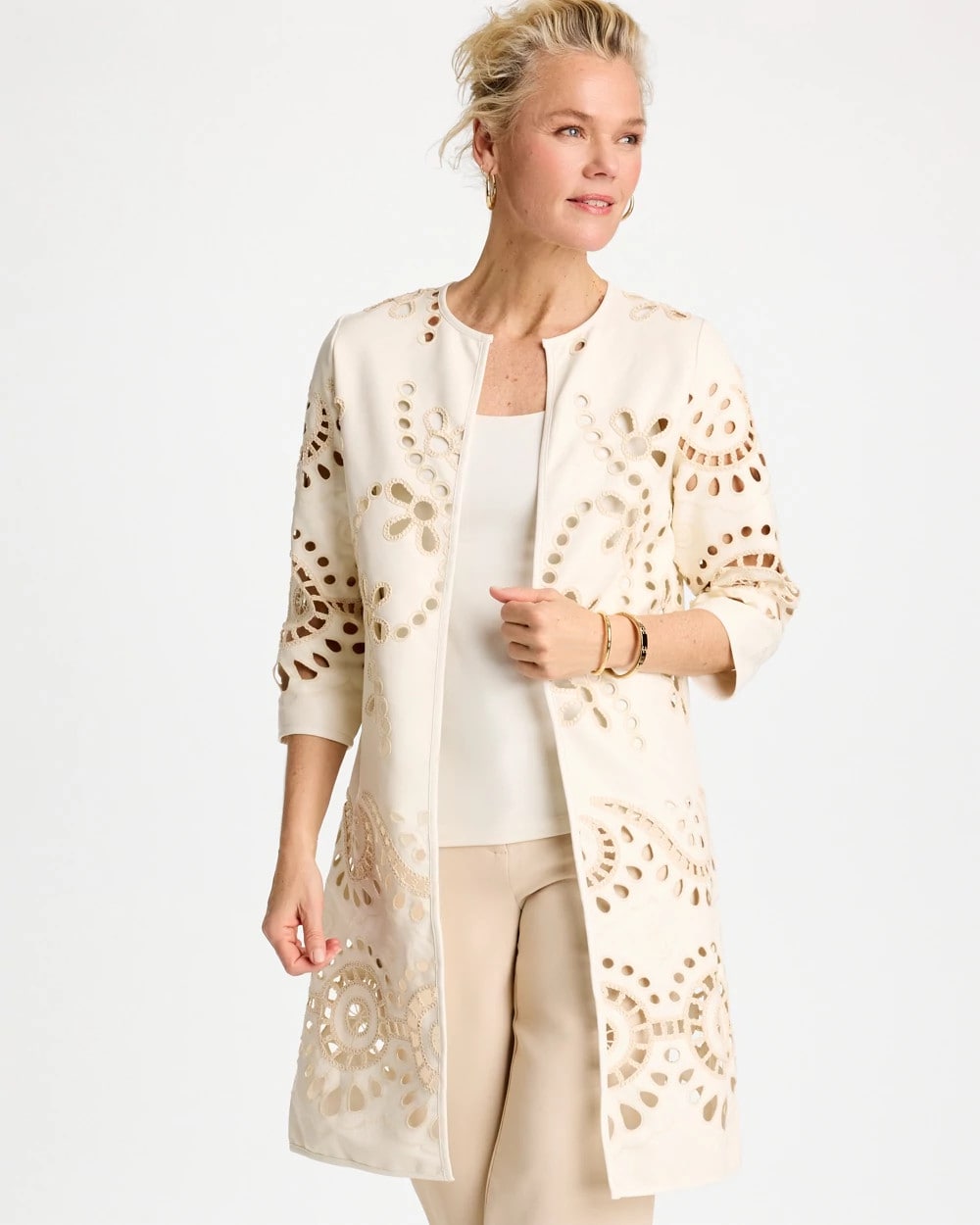 Chico's Online Ecru Long Faux Leather Kimono