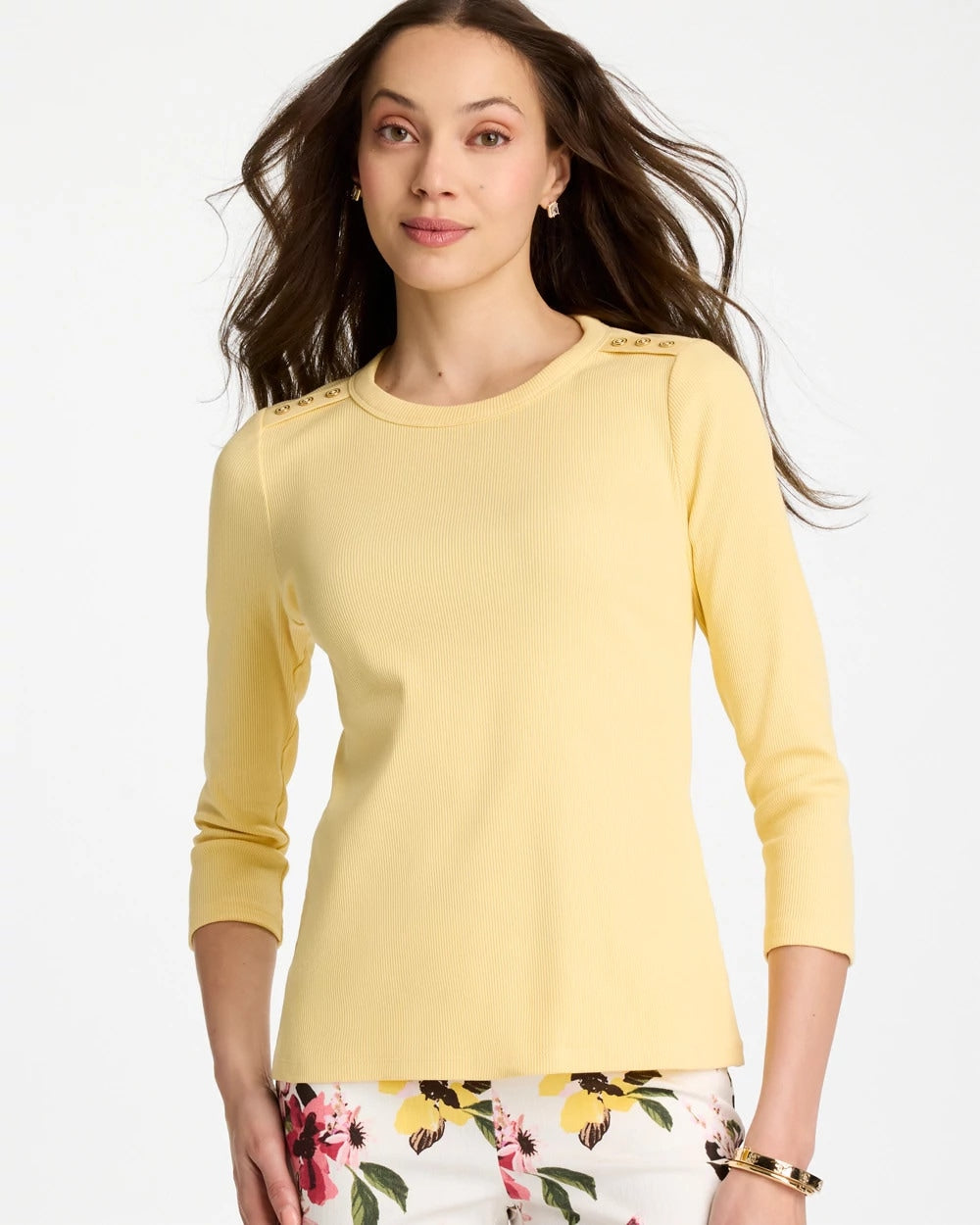 Chico's Discount Golden Haze Ribbed Button Crewneck Tee