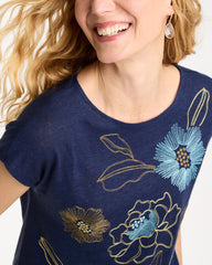 Chico's Outlet Passport Blue Embroidered Linen Dolman Tee