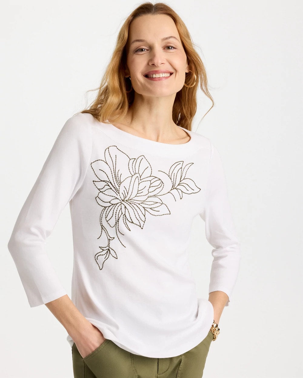 Chico's For Sale Alabaster Embroidered Pima 3/4 Sleeve Tee