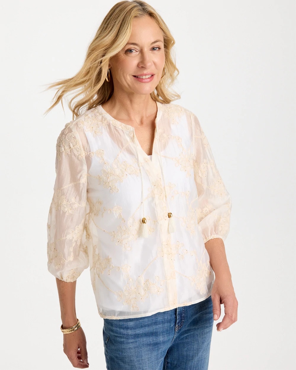 Chico's Outlet Alabaster Embroidered Tassel Tie-Front Top