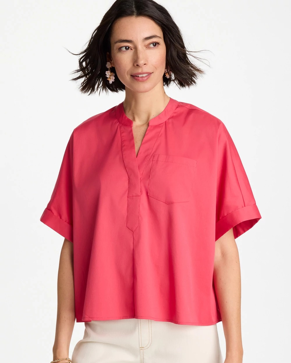 Chico's Sale Hot Honeysuckle Poplin Popover Dolman Top