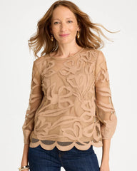 Chico's Discount Cattail Brown Floral-Motif Mesh 3/4 Sleeve Top