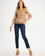 Chico's Discount Cattail Brown Floral-Motif Mesh 3/4 Sleeve Top