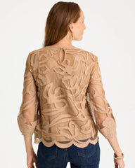 Chico's Discount Cattail Brown Floral-Motif Mesh 3/4 Sleeve Top
