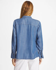 Chico's Outlet Bailey Indigo Tencel Ruffle Front Shirt