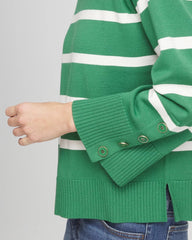 Chico's Sale Jardin Green Striped Button Sleeve Crewneck Pullover Sweater