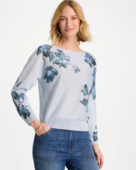 Chico's Sale Blue Orchid Floral Print Pullover Sweater