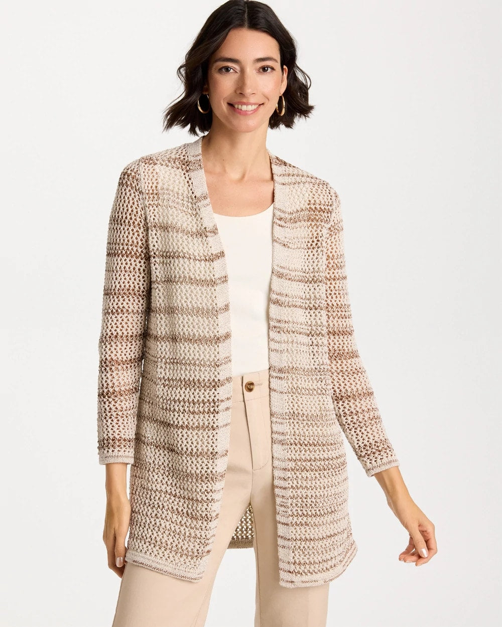 Chico's Outlet Cattail Brown Pointelle Metallic Cardigan