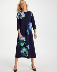 Chico's Sale Passport Blue Floral 3/4 Sleeve Maxi Dress