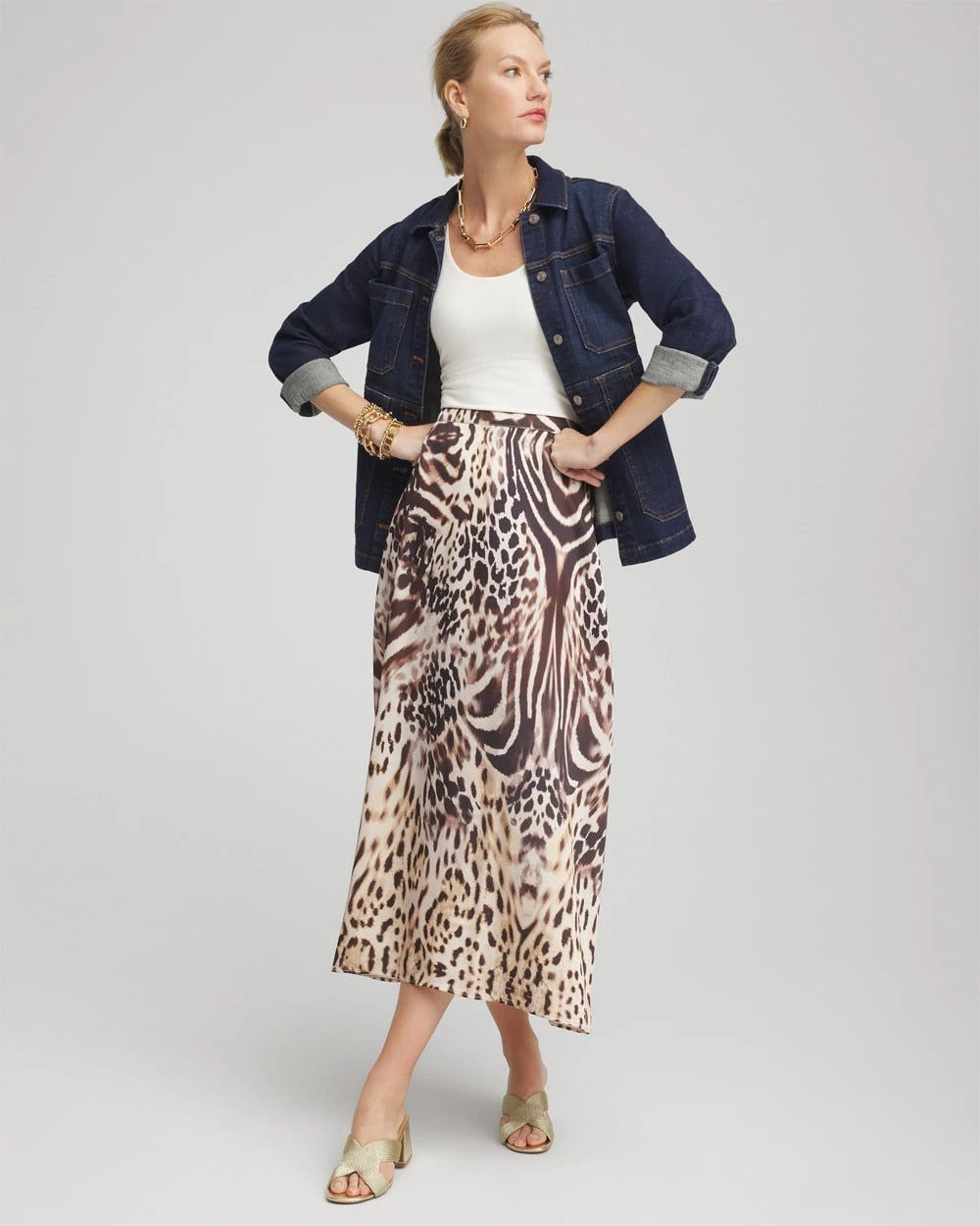 Chico's Outlet Black Animal Bengal Marks Faux Satin Skirt