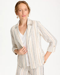 Chico's On Sale Neutral Striped Linen Roll Sleeve Blazer