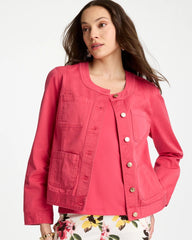 Chico's Online Hot Honeysuckle Collarless Twill Box Jacket