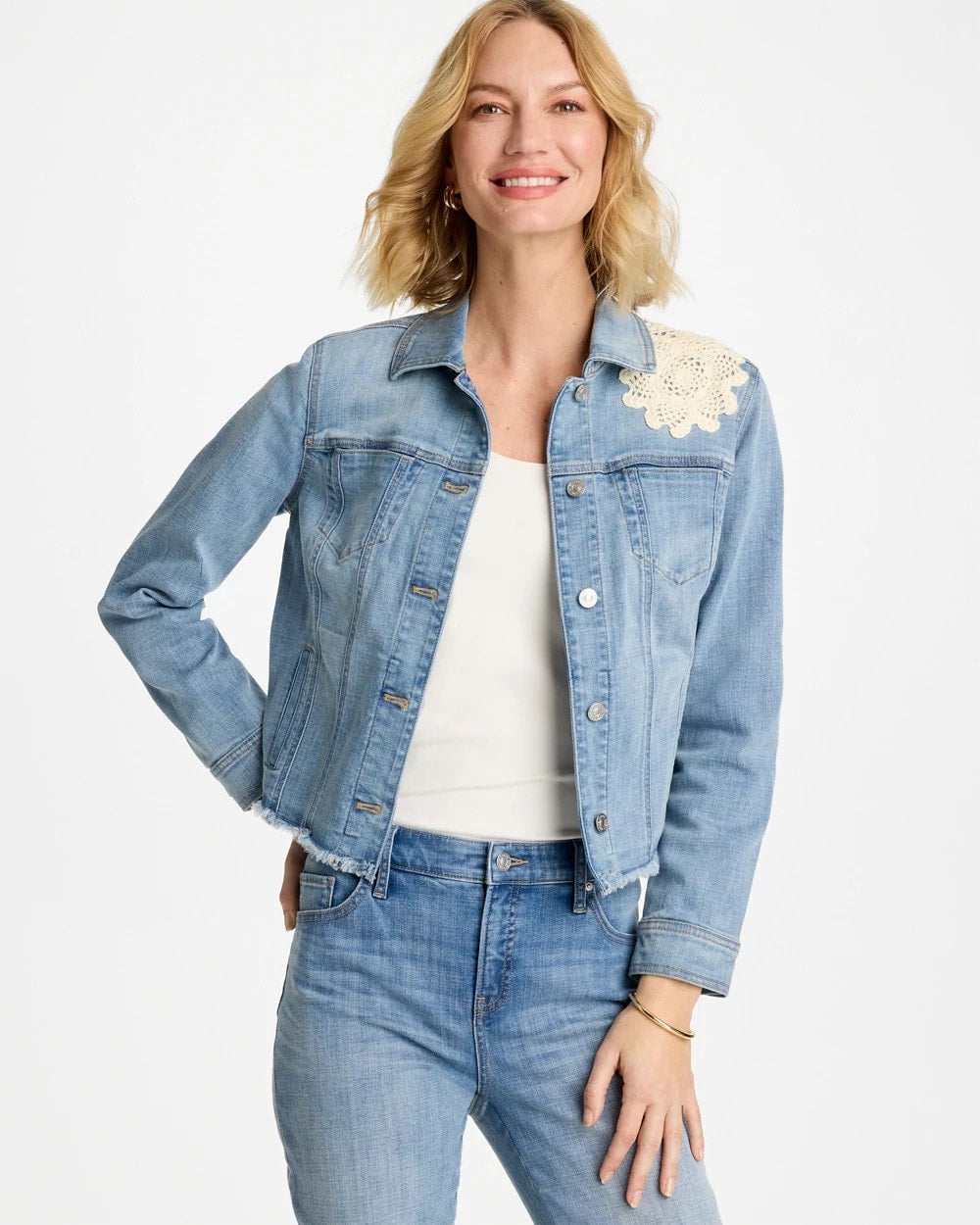 Chico's Online Coral Reef Indigo Embroidered Frayed Denim Trucker Jacket