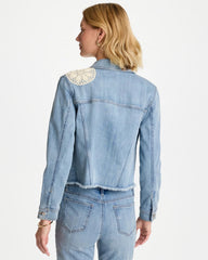 Chico's Online Coral Reef Indigo Embroidered Frayed Denim Trucker Jacket