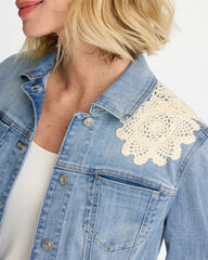 Chico's Online Coral Reef Indigo Embroidered Frayed Denim Trucker Jacket
