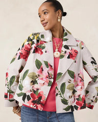 Chico's Discount Smokey Taupe Cotton-Stretch Floral Trench Coat