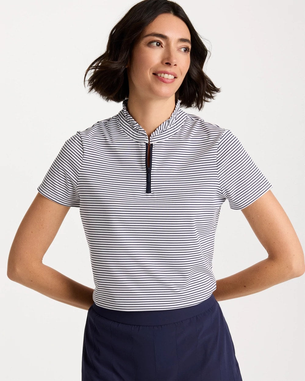 Chico's Outlet Passport Blue Zenergy® UPF Ruffle Striped Half Zip