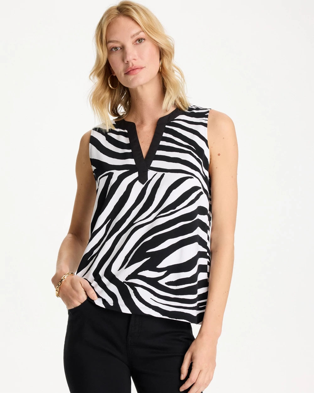 Chico's For Sale Black Zebra Cotton-Stretch Notch Neck Tank