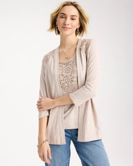 Chico's On Sale Smokey Taupe Embroidered Cotton Slub 3/4 Sleeve Cardigan