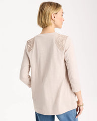 Chico's On Sale Smokey Taupe Embroidered Cotton Slub 3/4 Sleeve Cardigan