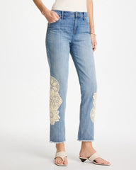 Chico's Online Coral Reef Indigo Girlfriend Slim Crochet Fray Ankle Jeans