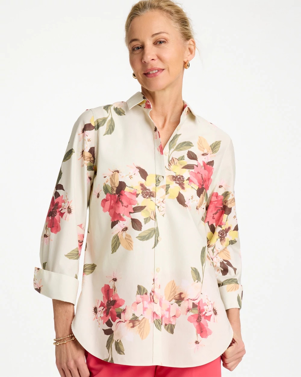 Chico's Discount Hot Honeysuckle No Iron™ Printed Stretch Shirt