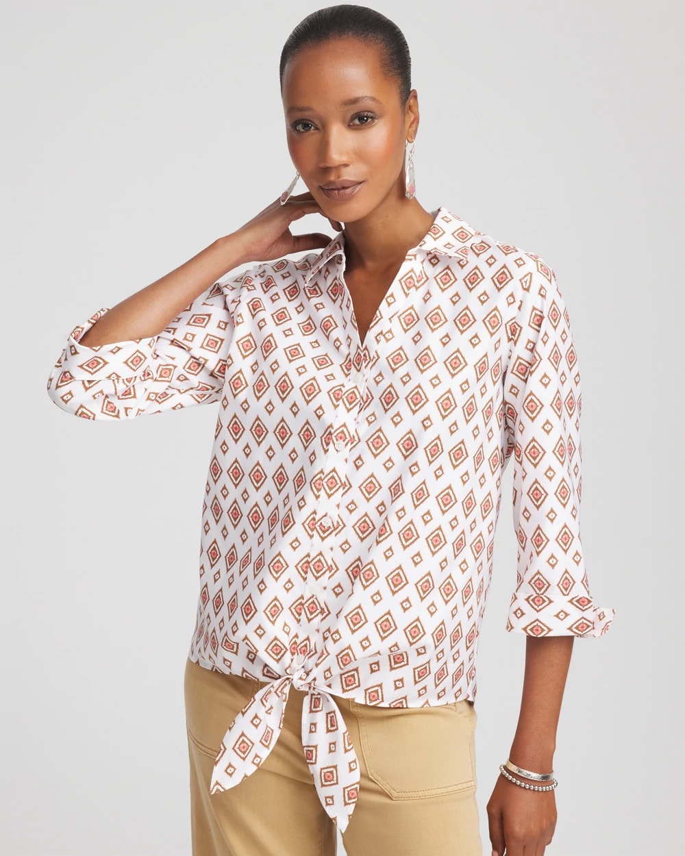 Chico's Outlet Siesta Rose No Iron™ Tie-Front Geo-Print Shirt